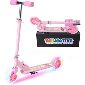 Kick Scooter for 3+Years Old Boys & Girls Lightweight, Foldable, Aluminum Frame, and Adjustable Handlebars, Rear Brake, and Flashing Light up Wheels (Pink)
