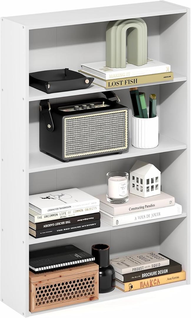 Furinno Basic Book Shelf, 4-Tier Bookcase with Open Shelf, Bookshelf, Cube Storage Organizer, 6 x 24 x 35, for Living Room, Bedroom, Home Office, White