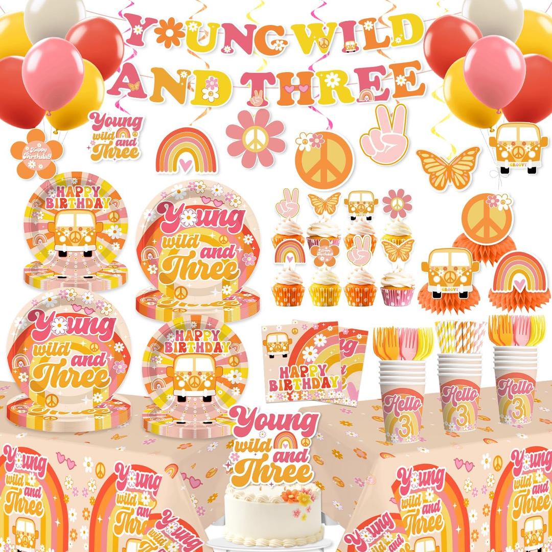 183pcs Young Wild and Three Party Decorations Tableware Set, Wild and Three Party Decorations Plate Napkins Tablecloth Banner for 3 Year Old Birthday Decorations Girl