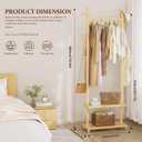 Taitiy Coat Rack Freestanding Clothing Rack with Wheels & 2 Shelves Storage & 5 Hooks Heavy Duty Clothes Rack Wood Coat Tree Stand Hat Hanger Rack for Corner Bedroom Entryway Living Room Hotel Size L