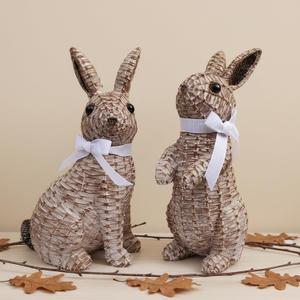 Rattan Effect Resin Easter Bunny Figurines Decor 2 PCS Wicker Looking Rabbit Decorations with Bow for Spring Table Centerpieces Indoor Farmhouse Home Decor(Large Rattan)
