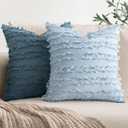 MIULEE Set of 2 Decorative Boho Throw Pillow Covers Linen Striped Jacquard Pattern Summer Cushion Covers for Sofa Couch Living Room Bedroom 16x16 Inch Light Blue