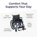 Drive Medical Blue Streak Lightweight Wheelchair - Portable Folding Mobility Aid - Swing-Away Footrests - Desk Arms - Durable Steel Frame - Easy Transport & Storage - 18-Inch Seat