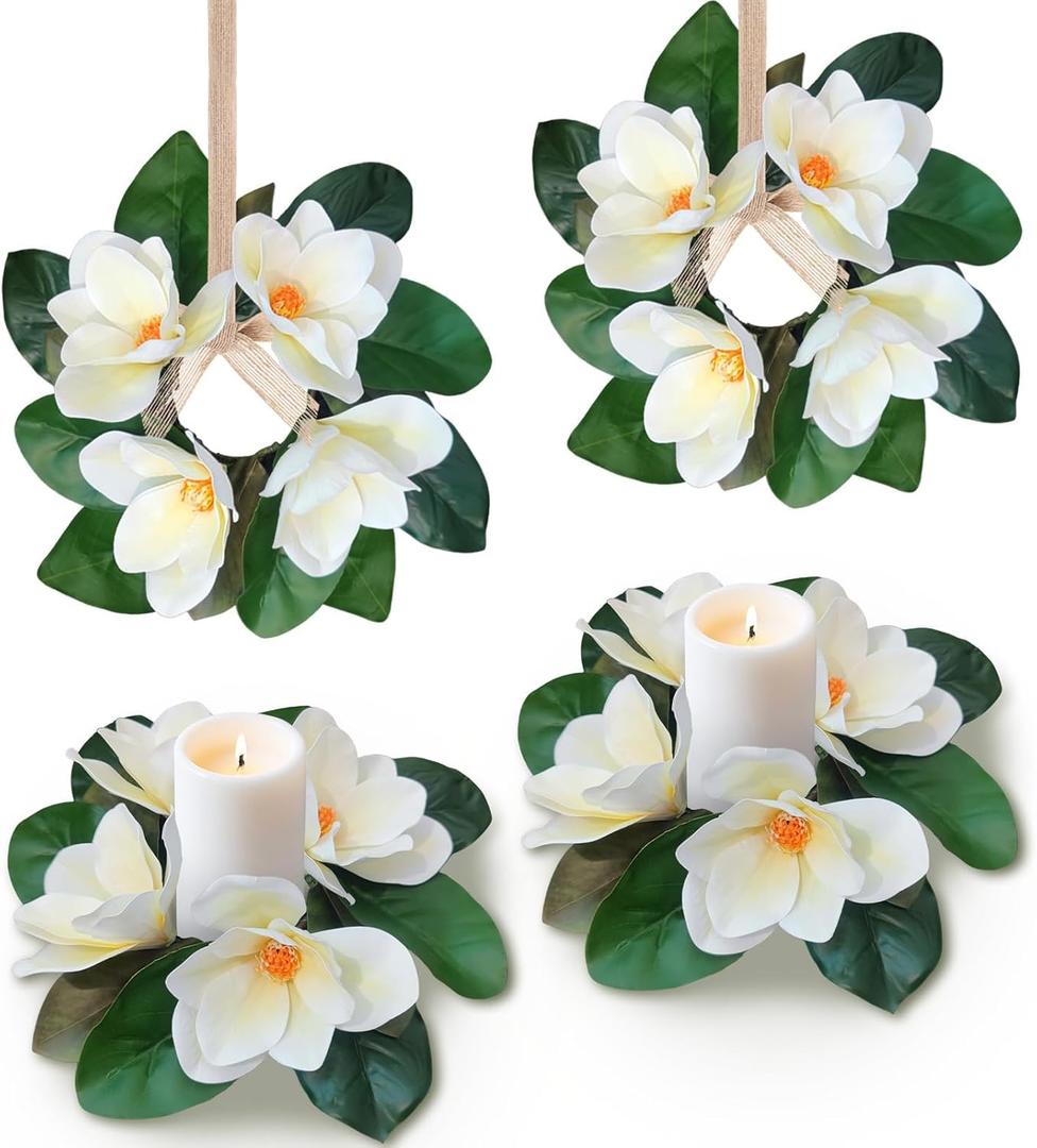 4 Pcs Magnolia Candle Rings Wreaths Artificial Floral Wreath with Green Leaves All Seasons White Magnolia Wreath for Wedding Centerpieces Table Decoration