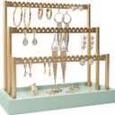 SANY DAYO HOME 3-Tier Earring Holder Organizer Stand, 105 Holes Gold Metal Earring Rack Jewelry Display Tree with Sage Green Wood Tray for Women and Girls