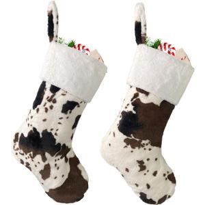2 Pack Plush Christmas Stockings Cow Print with White Cuff Large 20" Faux Fur Farmhouse Christmas Hanging Stockings for Xmas Holiday Fireplace Decorations