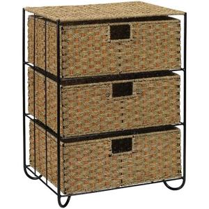 Household Essentials 3 Drawer Wicker Storage Unit, Handwoven Seagrass, Strong Metal Frame with Curved Feet, Durable, Compact,, No Assembly Required, Natural