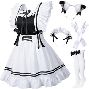 Classic French Maid Costume Apron Fancy Dress Cosplay Outfit Headwear Gloves Socks Set (Medium (Fit height: 65.4-68.9"), Black)