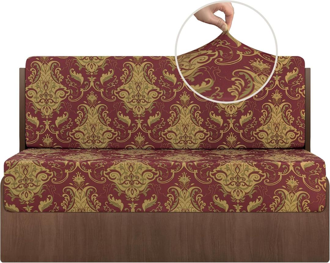 RV Dinette Cushion Covers 2 Sets Stretch Red Damask Camper Cushions Replacement Cover Washable Couch Cushion Slipcovers for Travel Trailer, Sofa Includes 2 Backrest Covers & 2 Bench Covers