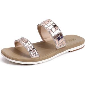 ONCAI Women's Slide Sandals Trendy Square Summer Flat Dressy Sandals for Women 2025 Cross Strappy Open Split-Toe Ring with Slip-on Rubber Soles (Beige)