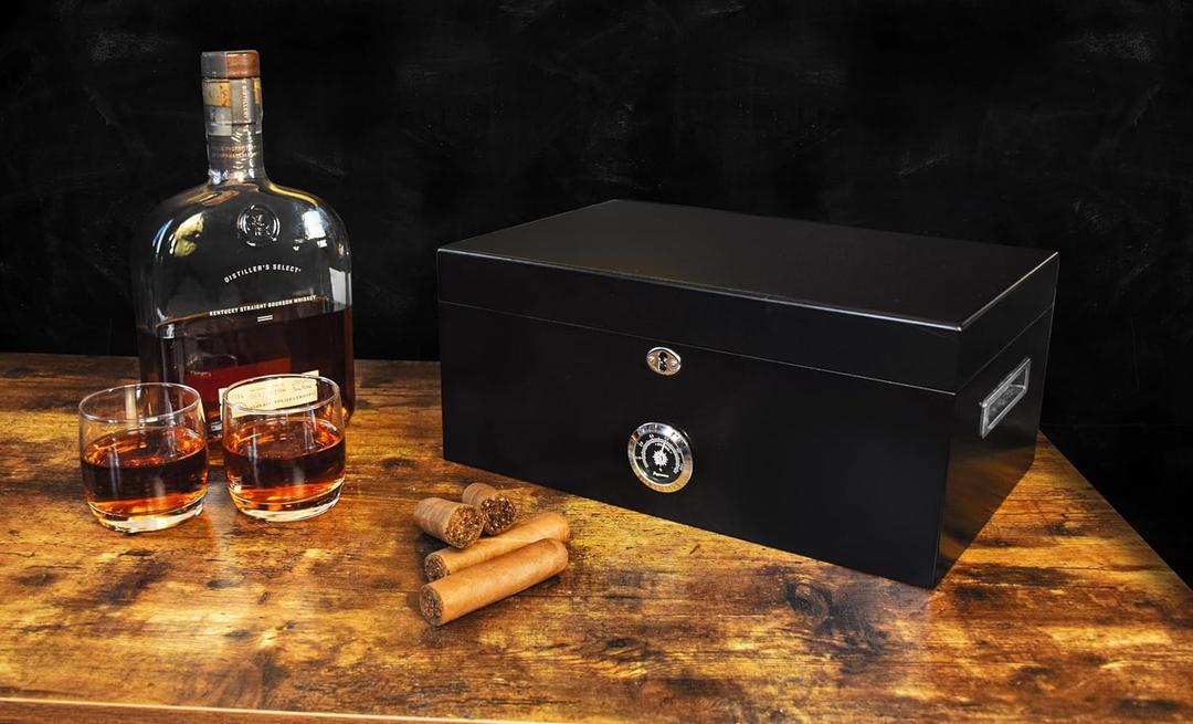 69Bourbons Cigar Humidor - Cigar Box for 150 Cigars with Hygrometer & Divider, Dark Madagascan Ebony Wood Exterior, Locking Box, Removable Humidifier, Tray, Dividers, Piano Hinges (Black)