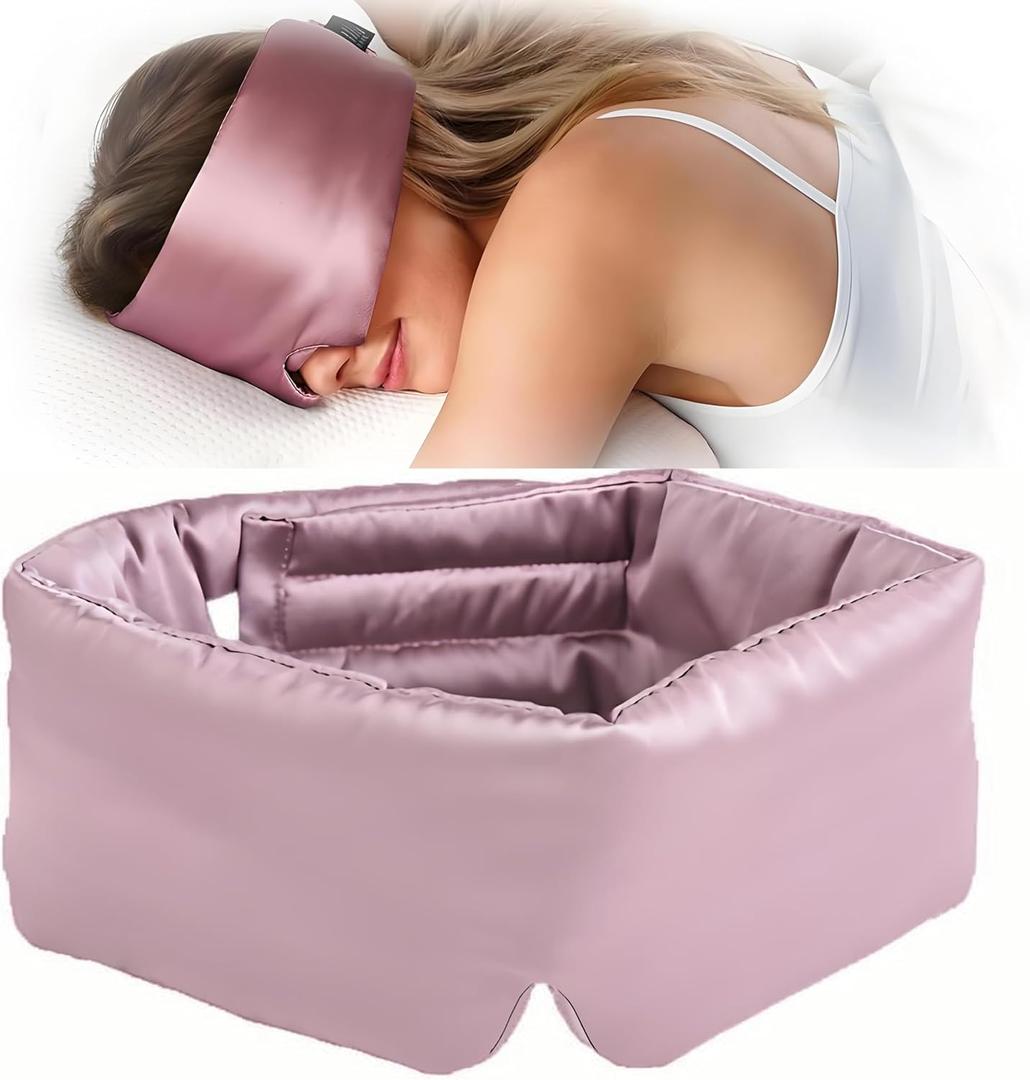 Nature Silk Sleeping Mask Soft Featherweight Eye Mask Large Wrap-Around Blindfold with Adjustable Velcro Blackout for Wild Sleeper Nose Cut Bean Pink