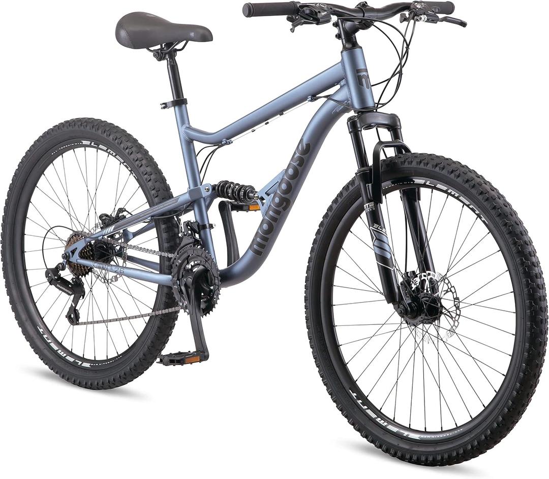 Mongoose Status Mountain Bike, 26 Inch Bike for Men and Women, 21 Speed, Aluminum Suspension Frame, Steel Rear Triangle, Suspension Fork, Knobby Mountain Tires, Mechanical Disc Brakes, Adult Bicycle (Slate Blue)