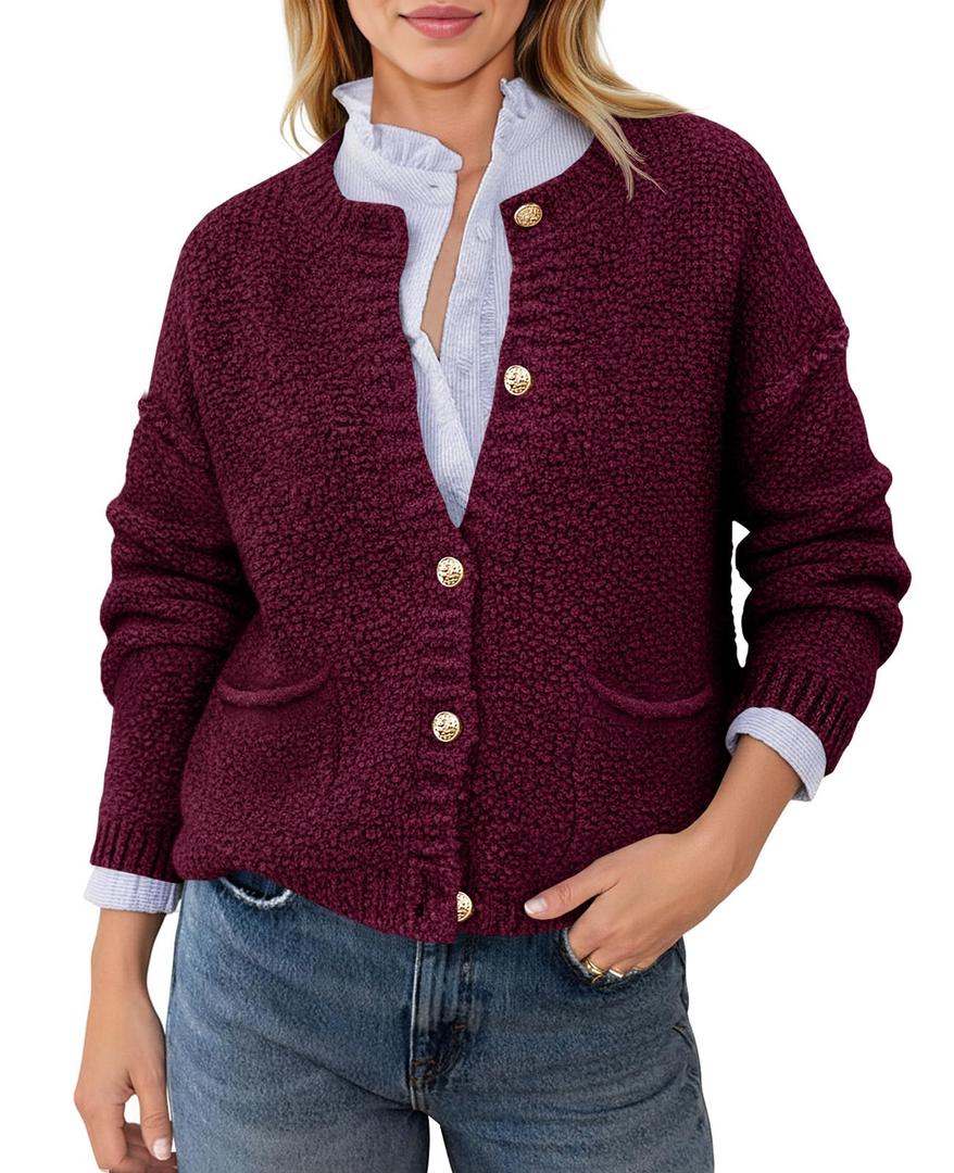 Womens Chunky Knit Cardigan with Gold Buttons Button Down Crewneck Long Sleeve Sweater with Pockets (Red, L)