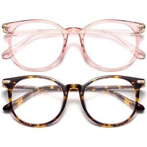 Gaoye 2 Pack Blue Light Blocking Glasses, Retro Round Eyewear Frame Anti Eyestrain Computer Glasses for Women Men - GY1688 (Pink+Tea Leopard)
