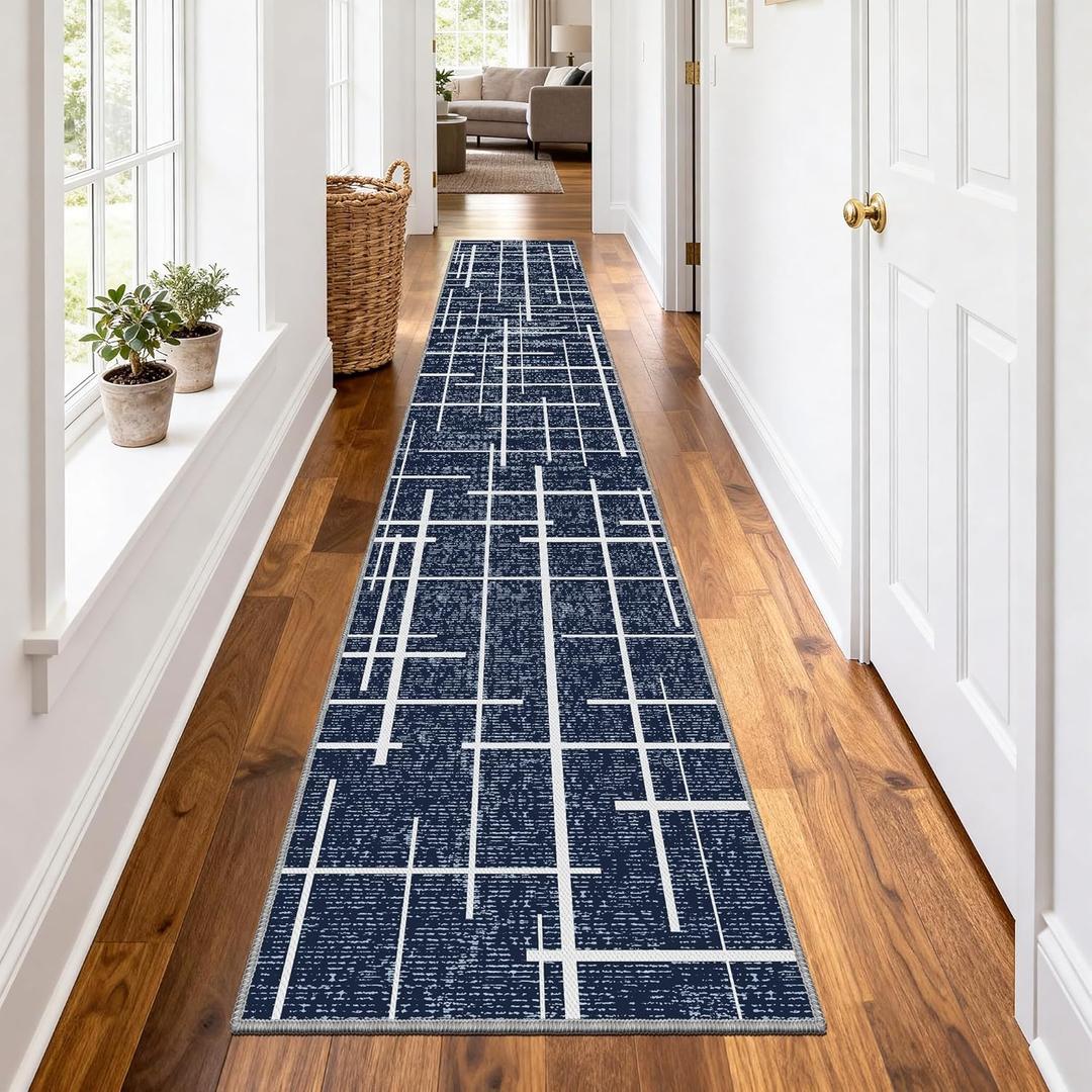 Non Slip Hallway Runner Rug 2.6x12, Modern Distressed Stripe, Washable Extra Long Rug, Woven Thin Low Pile Carpet Runners for Hallway 12ft Entryway, Kitchen, Walkway- Blue