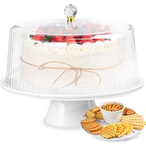 Ceramic Cake Stand with Lid, 12 inches, White, Round, Cake Stand with Plastics Dome Cover, for Cake, Dessert