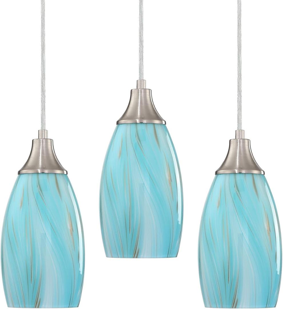 Mini Art Glass Pendant Lights Kitchen Island,Handcrafted Teal with Gold Glass Ceiling Pendant Lighting Brushed Nickel Adjustable Cord Hanging Lamp Cover for Coffe Bar,Dining Room 3pack