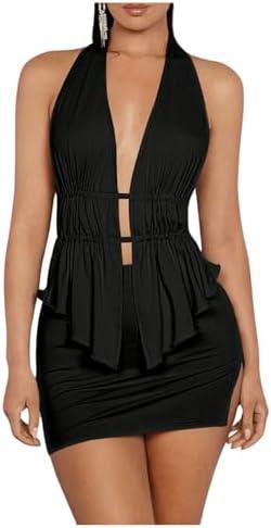 SOLY HUX Women's Sexy 2 Piece Outfits Hollow Out Asymmetrical Halter Top Bodycon Mini Skirt Party Club Sets, XS