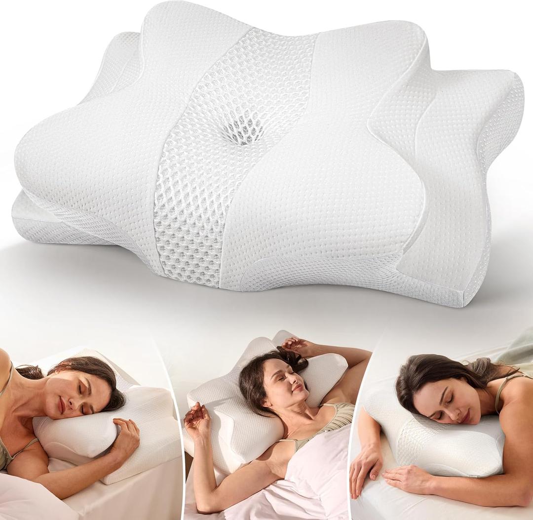 Cozyplayer True Cooling Cervical Neck Pillow for Pain Relief, Ergonomic Side Sleeper Pillow for Neck Support, Odorless Orthopedic Contour Memory Foam Pillows, Bed Pillow for Back Stomach Sleeper (Queen, Snow White)