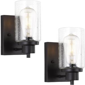 2-Pack Bath Vanity Light Fixtures Wall Sconces, Modern Indoor Bathroom Wall Lights with Seeded Glass, Black Wall Light Fixtures for Bedroom Mirror Kitchen Living Room Entryway Patio