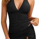 Yonique 2 Piece Swimsuits for Women Halter Tankini Top with Skirt Bottom Tummy Control Bathing Suit (Medium, Black)