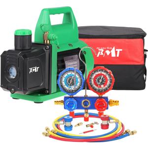 PB Motor Tech Vacuum Pump & Gauge Set - 4.5 CFM Pump w/Aluminum Manifold Gauge, Quick Couplers, 410 Adapter, Can Tap Tool & Carrying Tote, for R134A, R410A, R22, R404A Refrigerants & A/C Maintenance