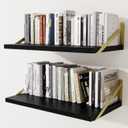 12" Deep Wall Shelves with Gold Metal Brackets, 24" Wide, Black, 2pcs