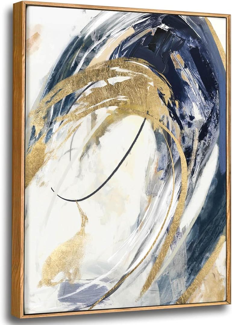 SDYA Gold Wall Decor Living Room Abstract Wall Art Blue Paintings Bedroom Aesthetic Frame Wall Decorations Large Artwork for Home Office 24x36 Inch