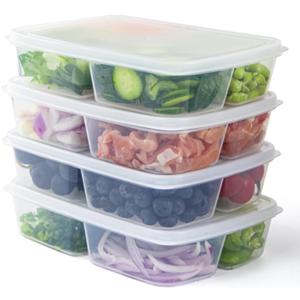 4 Pcs Reusable 4 Compartment Food Storage Containers with Lids, Food Containers for Storing fruits, Meat, Vegetables.