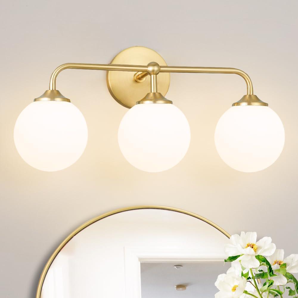 Modern Brushed Gold 3-Lights Vanity Light Fixtures with Milky White Glass Ball Shades, Mid Century Brass Wall Sconce Lighting Fixtures over Mirror, Wall Sconces for Bathroom Dressing Table Bedroom