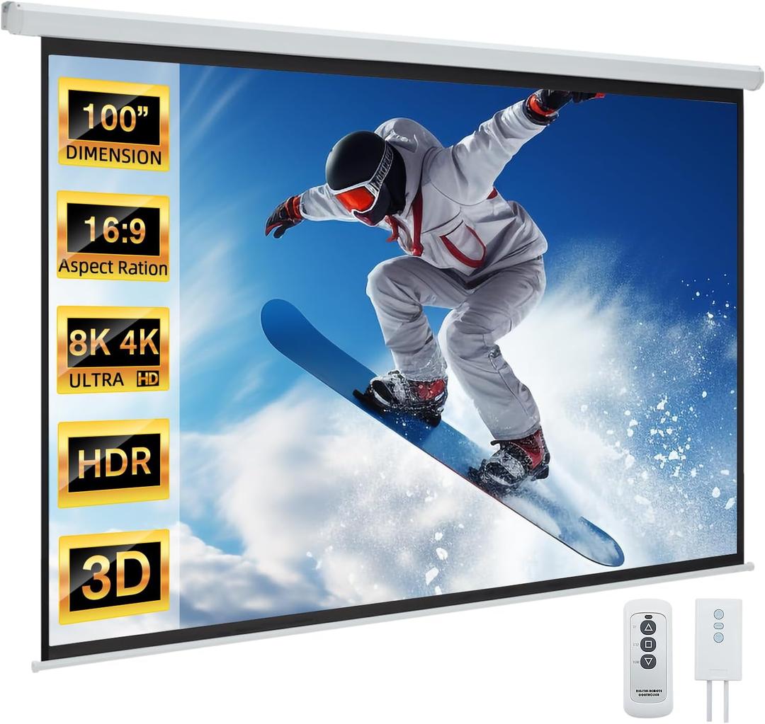 YODOLLA Projector Screen Motorized 100" 16:9, 4K 3D HD Electric Projector Screen Wall Mounted Automatic Ceiling Retractable Drop Down Projection Screen with Remote Movie Screen for Indoor Outdoor Use