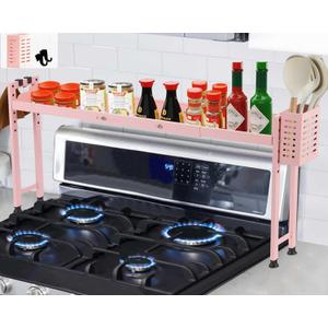 Horynar Over Stove Shelf Stove Top Organizer Shelf for Kitchen with Extra Basket and Hooks Adjustable 27 to 32 Inches Pink Over the Sink Spice Rack for Countertop (Pink)
