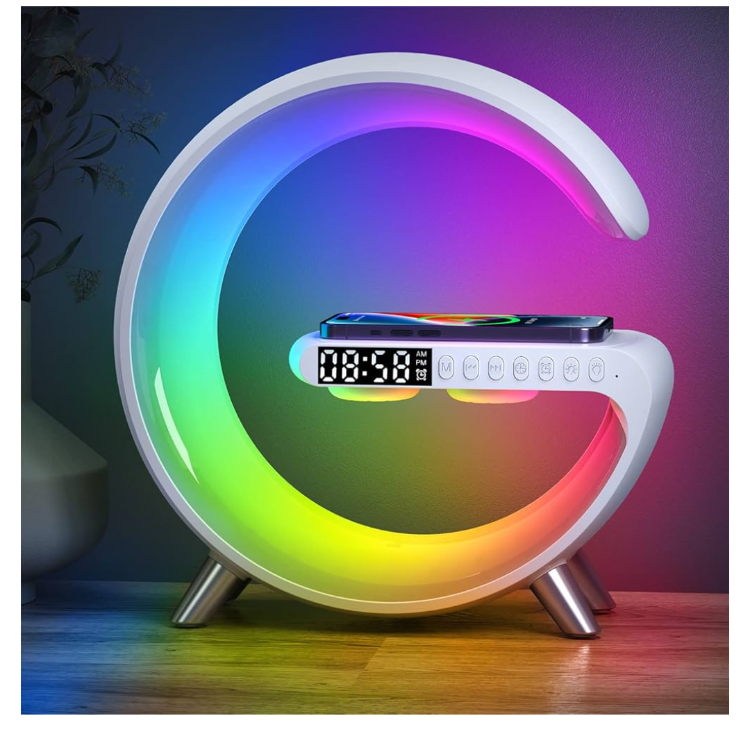 Smart LED Table Lamp, 4-in-1 Wireless Charger, Music Rhythm Ambient Night Light, Alarm Clock, and Bluetooth Speaker with App Control, G-Shaped Lamp for Bedroom, Office and Home Decor (White)