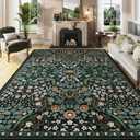 8x10 Green Floral Washable Area Rug for Living Room, Non-Slip Soft Vintage Boho Carpet, Botanical Forest Green Low Pile Rugs for Bedroom, Dinning Room, Dorm, Nursery, Black and Green