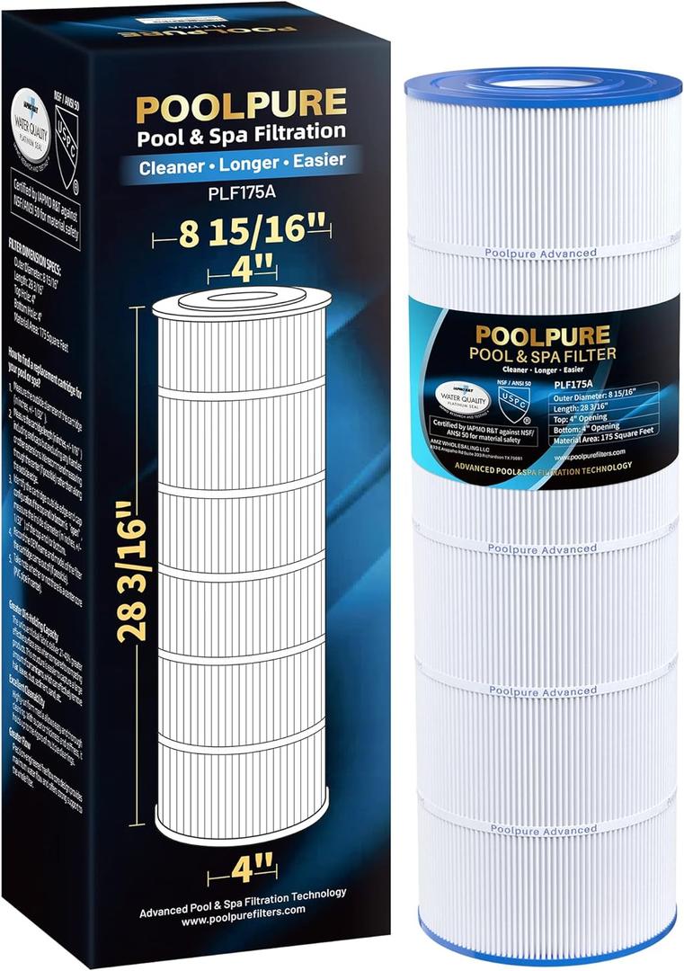 POOLPURE PLF175A Pool Filter Replaces Hayward C1750, CX1750RE, PA175, Ultral-B4, Unicel C-8417, Filbur FC-1294, Sta-Rite PXC175, 817-0175P, L x OD: 28 3/16" x8 15/16", 175 sq.ft Cartridge
