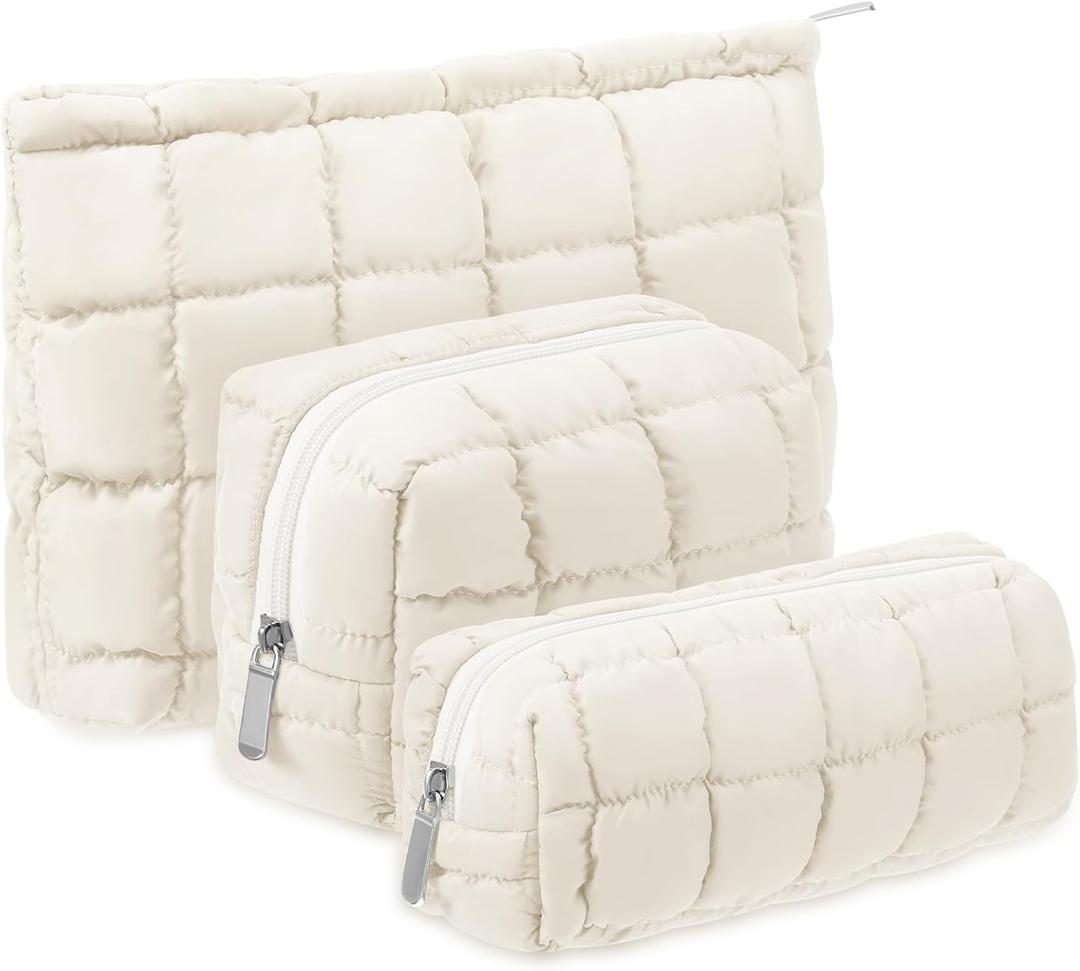 3 Pcs Puffy Makeup Bag Quilted Cosmetic Pouch for Women Cute Checkered Travel Toiletry Bag Puffer Makeup Organizer Purse Pouch Preppy Pencil Case with Zipper (White)