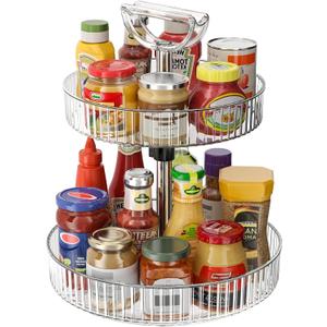 2-Tier Lazy Susan 360 Rotating Turntable Organizer Rack with Handles Height Adjustable, Spice Rack Holder Organizer for Cabinet, Pantry Organizers Bathroom Countertop Storage (Transparent Color)