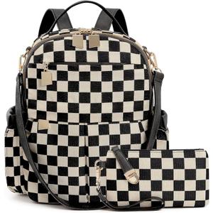 Checkered Backpack Purse for Women Plaid Back Pack Purses Leather Backpack Bags Handbags for Travel Work (Black)