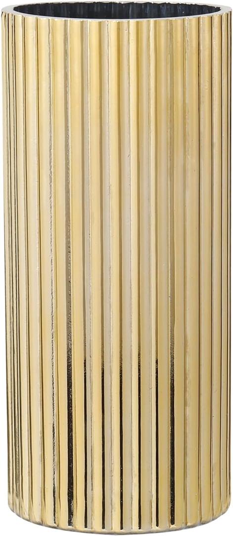 Gold Vase, Ribbed Glass Vase for Flowers, Modern Flower Vases for Tulips, Tall Fluted Vases for Living Room, Dining Table, Office, Wedding, Bookshelf, 10 Inches