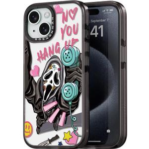 Compatible for iPhone 15 Case Cute Aesthetic - Durable Shockproof 6.6 ft Drop Impact Phone Case Cover with Funny Fashion Skeleton Halloween Horror 6.1" Black