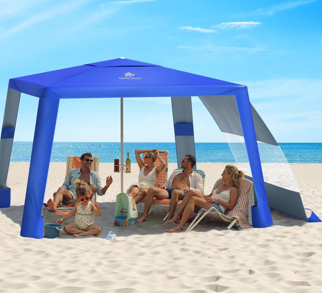 Rhino Valley Beach Cabana, 8*8FT Beach Tent UPF50+ Protection, Easy Setup Beach Canopy Wind Resistant with Cup Holder,Compact Beach Shade Foldable Beach Tent Sun Shelter for Whole Family Friend,Indigo