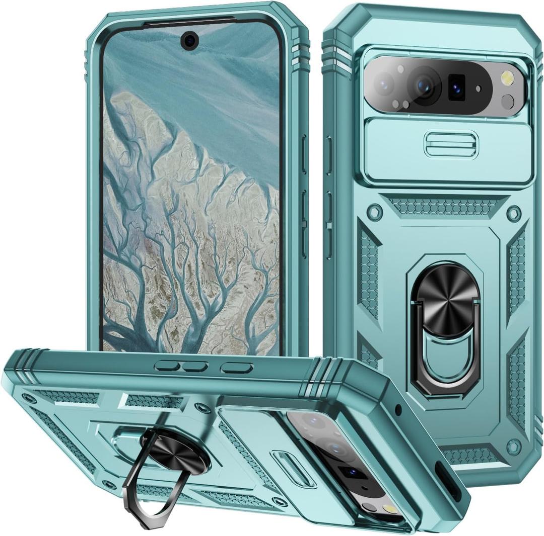 for Google Pixel 9 Pro XL Case Military Grade Drop Shock Protection Cell Phone Cover with Slide Camera Cover Built-in 360 Rotate Ring Stand for Pixel 9 Pro XL 6.8 -Green