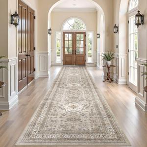 Vintage Hallway Runner Rug 3x12: Large Soft Washable Entryway for Kitchen Laundry Room Non-Slip Backing Runner for Entrance Living Room Bedroom Bathroom - Beige