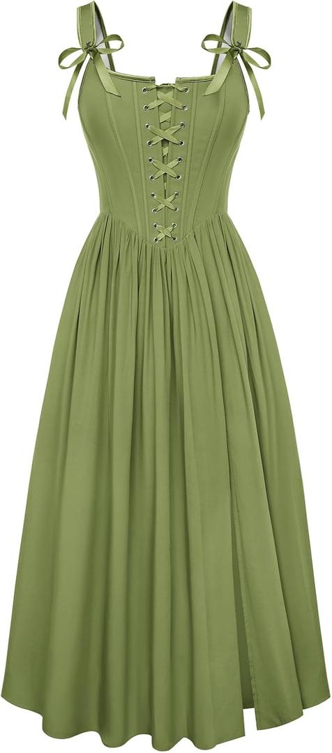 Scarlet Darkness Corset Dress for Women Maxi Cocktail Renaissance Costume | For Halloween, Ren Faire, Wedding, Medieval Party, Princess Cosplay. Pockets, Boned Corset, Lacing, Slit Hem, Square Neck (Green, XL)