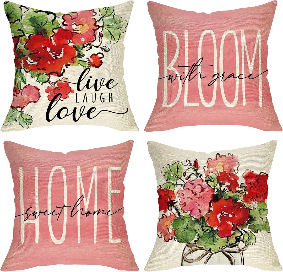 Spring Summer Geranium Flowers Decorative Throw Pillow Cover 16 x 16 Set of 4, Pink Red Floral Home Sweet Home Mason Jar Porch Outdoor Decor, Live Laugh Love Seasonal Farmhouse Couch Cushion Case