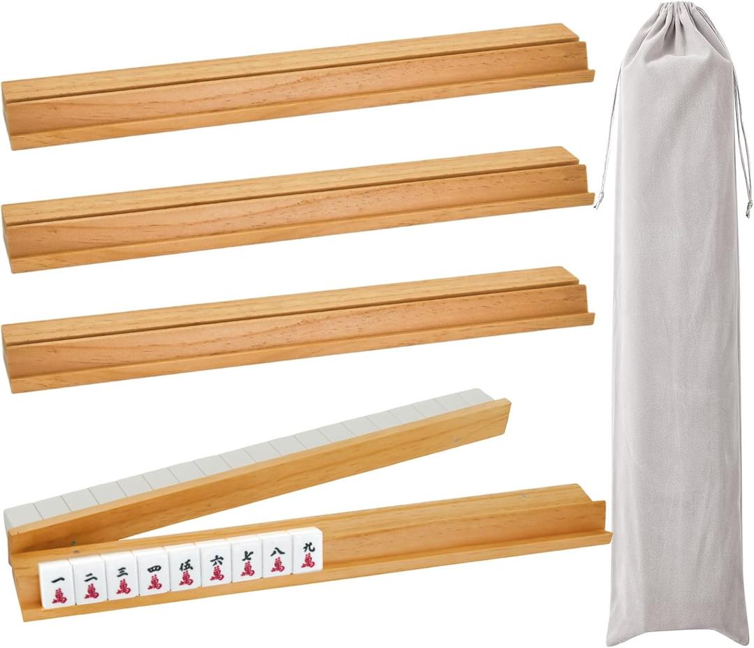 4PCS Wooden Mahjong Racks with Magnetic Pushers, 17.4 in Natural Wood American Mahjong Tile Rack Set, Modern Table Game Accessories for Mahjong TilesNatural,17.5