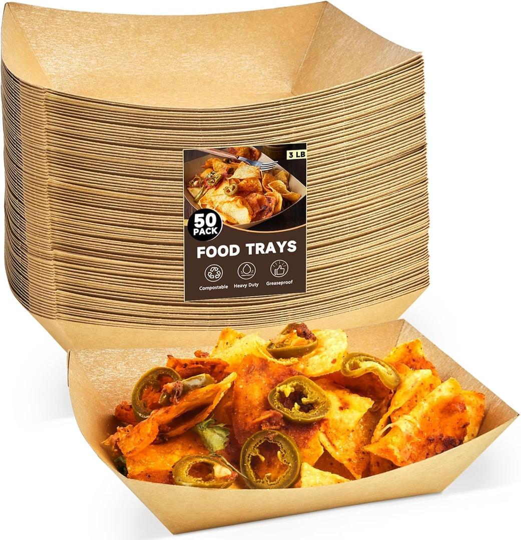 ZORRITA 3 Lb Paper Food Trays - 50 Pack Disposable Nacho Trays, Kraft Paper Food Boats Taco Holders Party Serving Baskets for Hot Dogs Snacks Tacos Fries