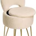 GREENSTELL Small Vanity Stool Chair with Storage and Folding Back, 13" x 13" x 17.7" Faux Fur Soft Ottoman for Teenager, 4 Metal Legs with Anti-Slip Feet, Furry Padded Seat for Makeup, Bedroom, Camel