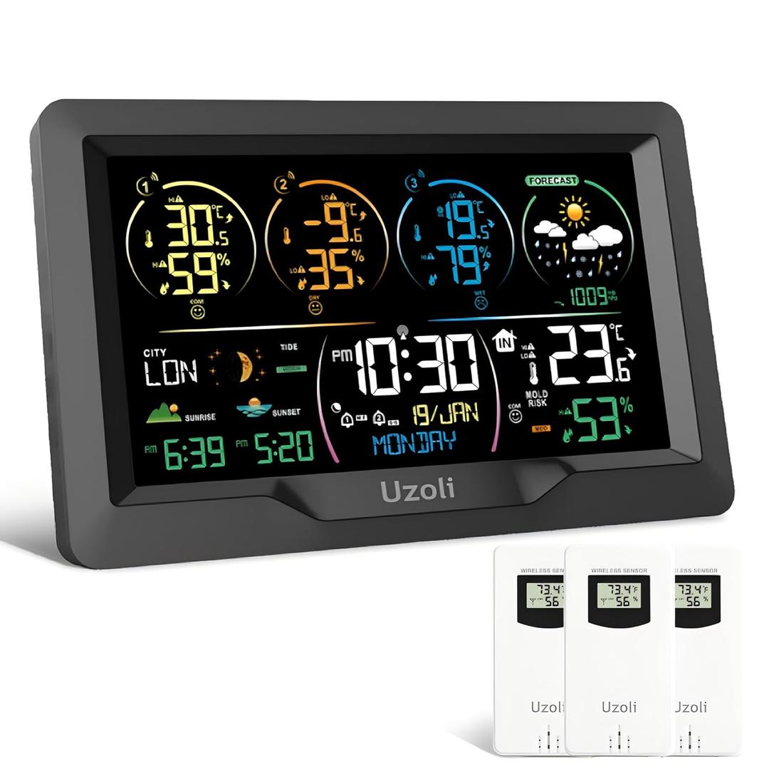 Uzoli EM3390 7.5" Weather Station, Weather Station Wireless Indoor Outdoor Thermometer, Digital Weather Stations 3 Sensors with Atomic Clock, Barometer, Moon Phase, Large Screen Monitor for Home Use